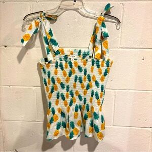 J. Crew smocked tank top ruffle hem white gold pineapple